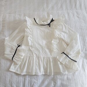 Janie & Jack Peplum Ruffle Black Bow Trim Cotton Blouse, Size 6
